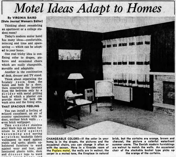 Poplars Motel (Clarion Pointe East, Inn America) - March 1960 Article On Interior Design (newer photo)